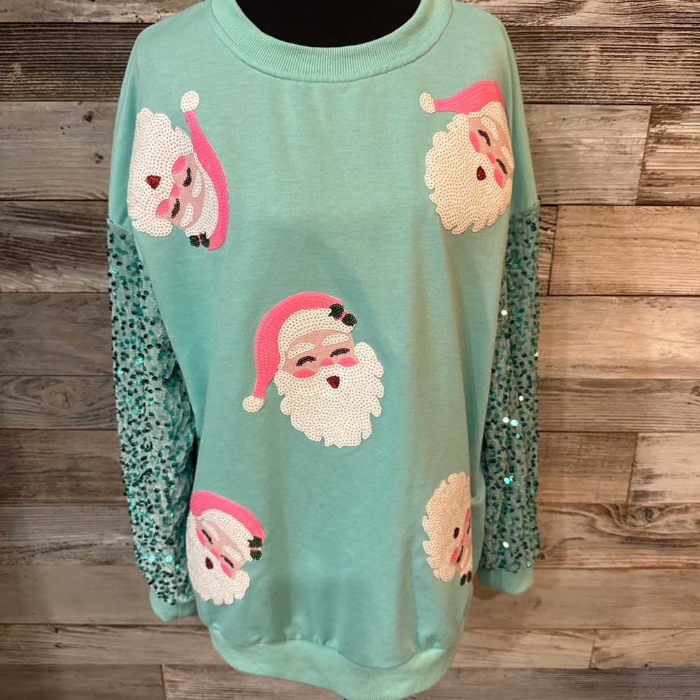 Women's Mint Green Santa Sequin Sleeve Sweatshirt
